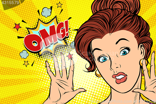 Image of Scared OMG woman. Pop art retro