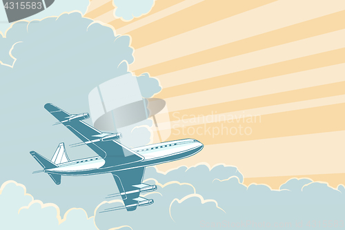 Image of Retro airplane flying in the clouds. Air travel background