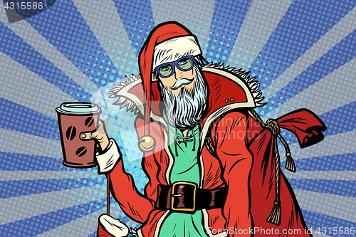 Image of close-up Hipster Santa Claus with a Cup of coffee