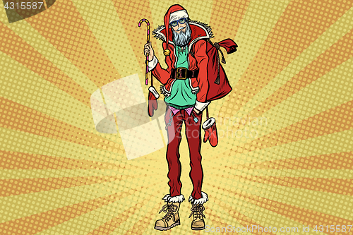 Image of Hipster Santa Claus with Christmas gift bag