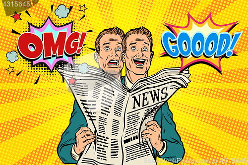 Image of Good and bad newspaper news, the reaction of men