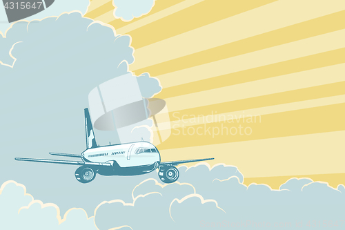 Image of Retro airplane flying in the clouds. Air travel background