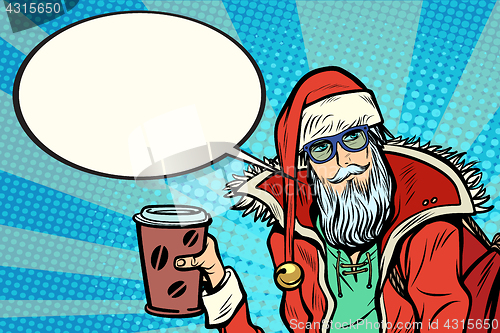 Image of Hipster Santa Claus with coffee says