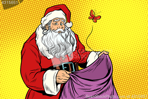 Image of Sad Santa and empty Christmas bag with a moth