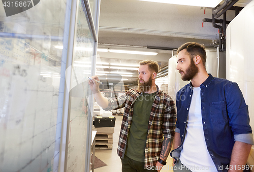 Image of men writing on whiteboard at brewery or beer plant