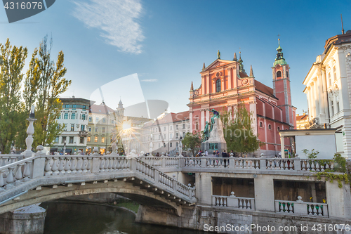 Image of Preseren square and Franciscan Church of the Annunciation, Ljubljana, Slovenia, Europe.