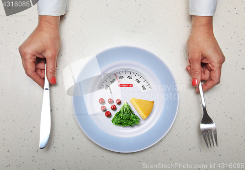 Image of healthy food and hands with kitchen flatware 