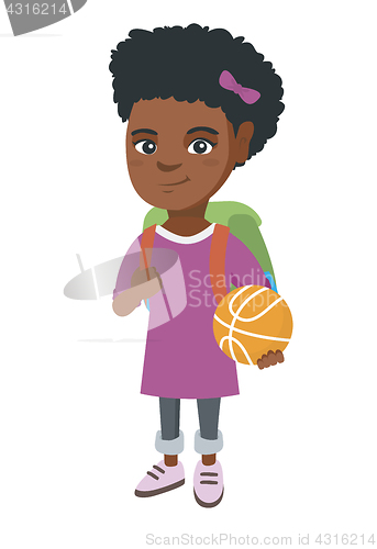 Image of Schoolgirl with backpack holding a basketball.