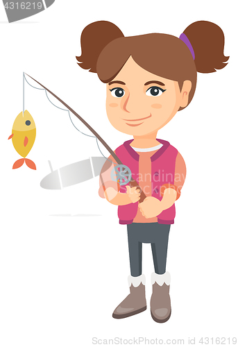 Image of Little girl holding fishing rod with fish on hook.