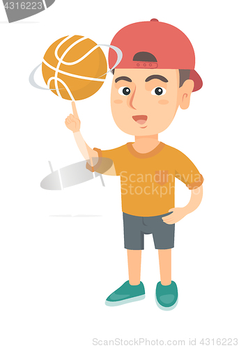 Image of Caucasian boy spinning basketball ball on finger.