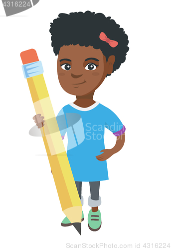 Image of African kid girl standing with a huge pencil.