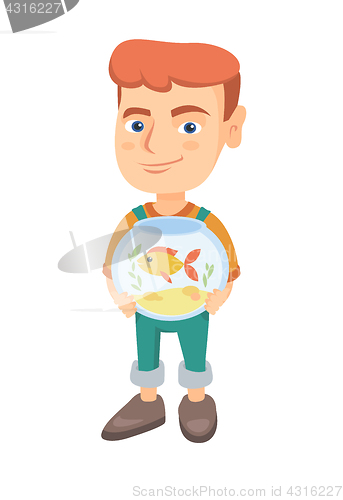 Image of Caucasian boy holding aquarium with goldfish.