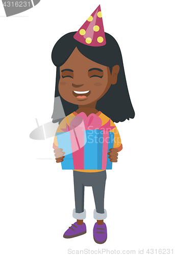 Image of African girl in birthday cap holding gift box.