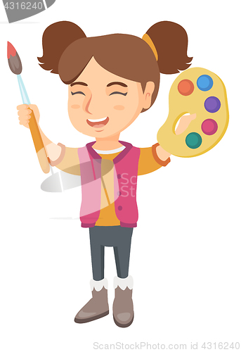 Image of Happy girl drawing with colorful paints and brush.