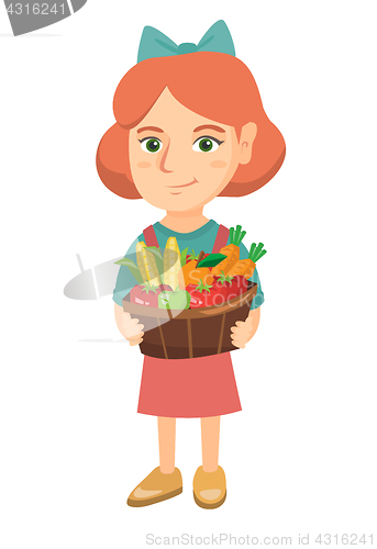 Image of Girl holding basket with fruit and vegetables.