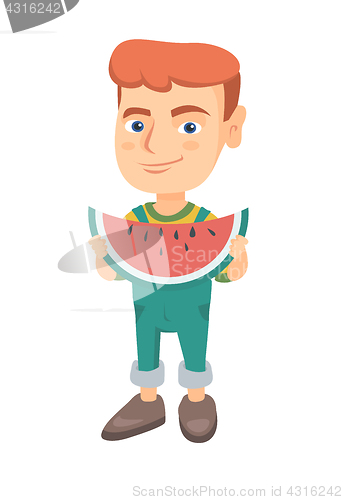 Image of Young caucasian boy eating delicious watermelon.