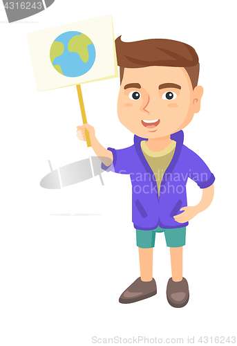 Image of Caucasian boy holding a placard with planet.