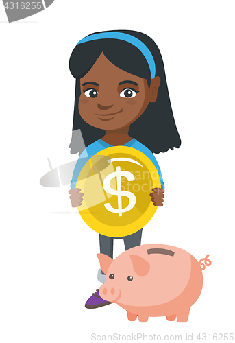 Image of African girl putting a coin into a piggy bank.