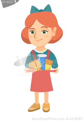 Image of Little caucasian girl holding tray with fast food.