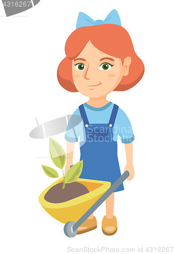 Image of Girl pushing wheelbarrow with soil and plant.