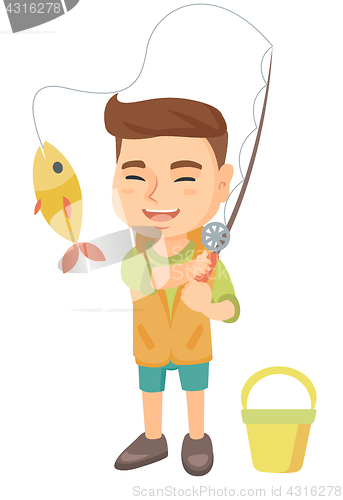 Image of Little boy holding fishing rod with fish on hook.