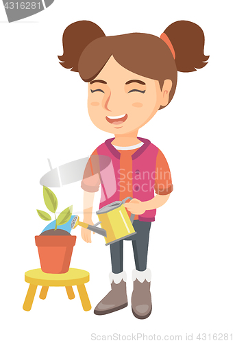 Image of Caucasian girl watering plant with a watering can.