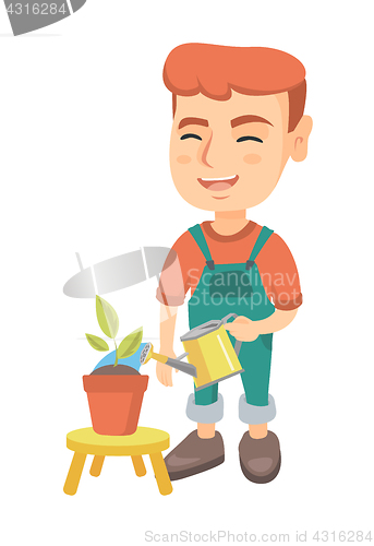 Image of Caucasian boy watering plant with a watering can.