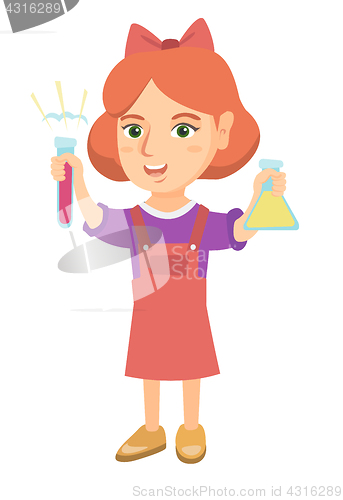 Image of Little caucasian girl holding test tube and beaker