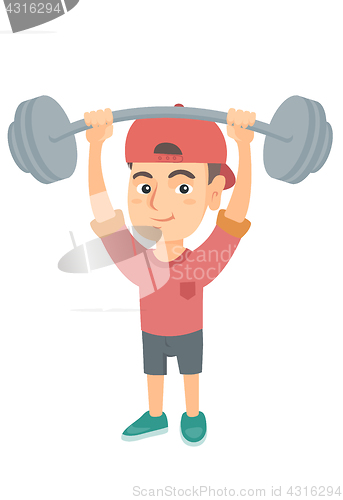 Image of Strong caucasian boy lifting heavy weight barbell.