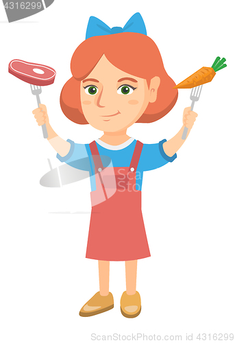 Image of Caucasian girl holding fresh carrot and steak.