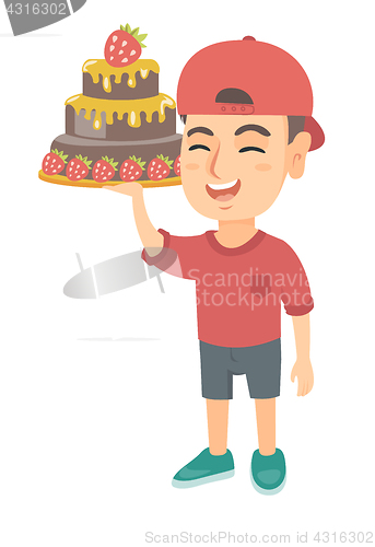 Image of Little caucasian boy holding a chocolate cake.