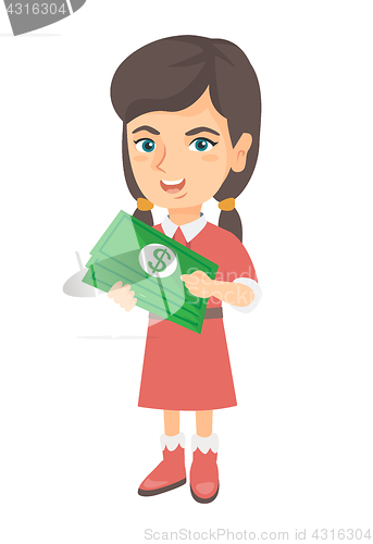 Image of Caucasian girl holding money in hands.