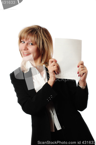 Image of standing woman holding brochure