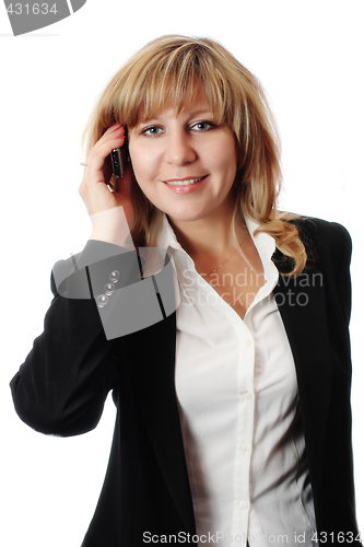 Image of Successful smiling woman talking on mobile phone