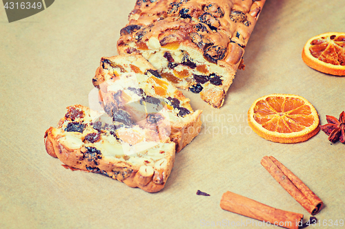 Image of Christmas cake on the table, retro toned