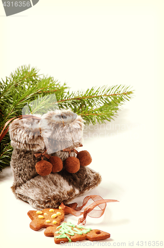 Image of Winter boots, christmas tree and ginger cookies, retro toned
