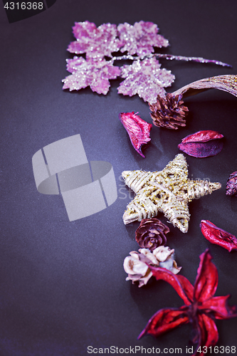 Image of Christmas decorations with copy-space, retro toned