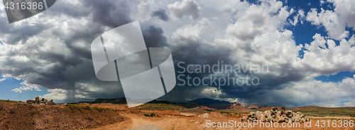 Image of Ominous Stormy Sky and Cumulus Clouds with Rain Pano in the Dese