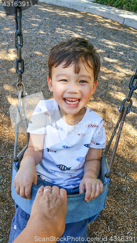 Image of Adorable Chinese and Caucasian Young Boy Having Fun in the Swing