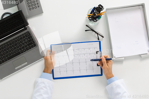 Image of doctor hands with cardiogram and laptop at clinic