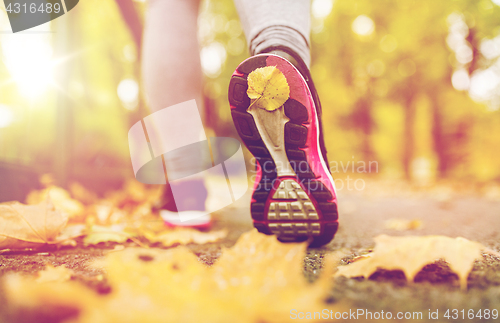 Image of close up of young woman running in autumn park