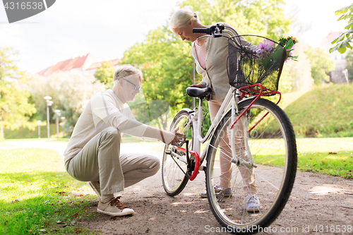 Image of happy senior couple with bicycle at summer park