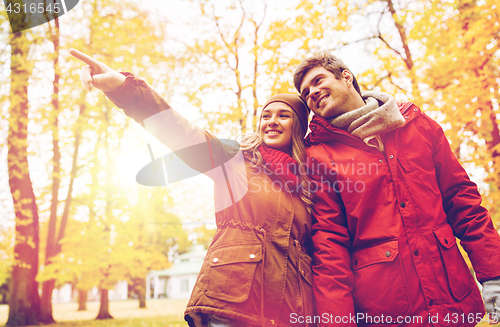 Image of happy young couple walking in autumn park