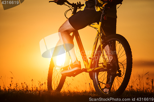 Image of Man in helmet and glasses stay on the bicycle