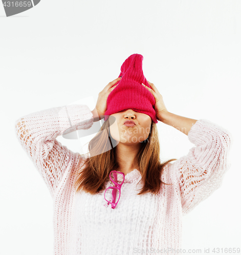 Image of young pretty teenage hipster girl posing emotional happy smiling on white background, lifestyle people concept 