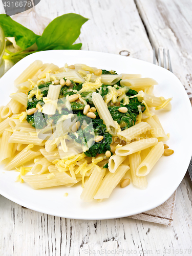 Image of Pasta penne with spinach and cedar nuts on light board