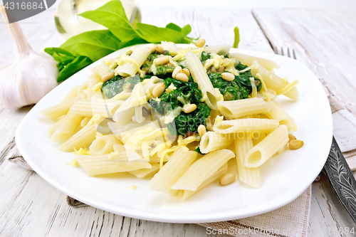 Image of Pasta penne with spinach and nuts on light board