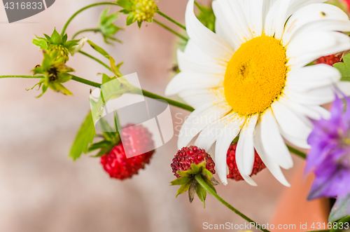 Image of Summer bouquet of forest flowers and strawberries