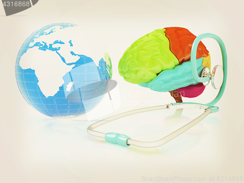 Image of stethoscope, globe, brain - global medical concept. 3d illustrat