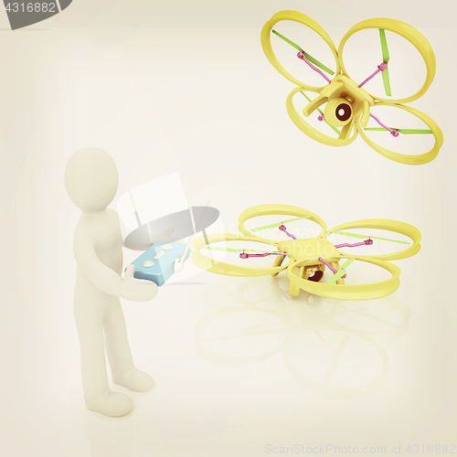 Image of 3d man with drone, quadrocopter, with photo camera. 3d render. 3